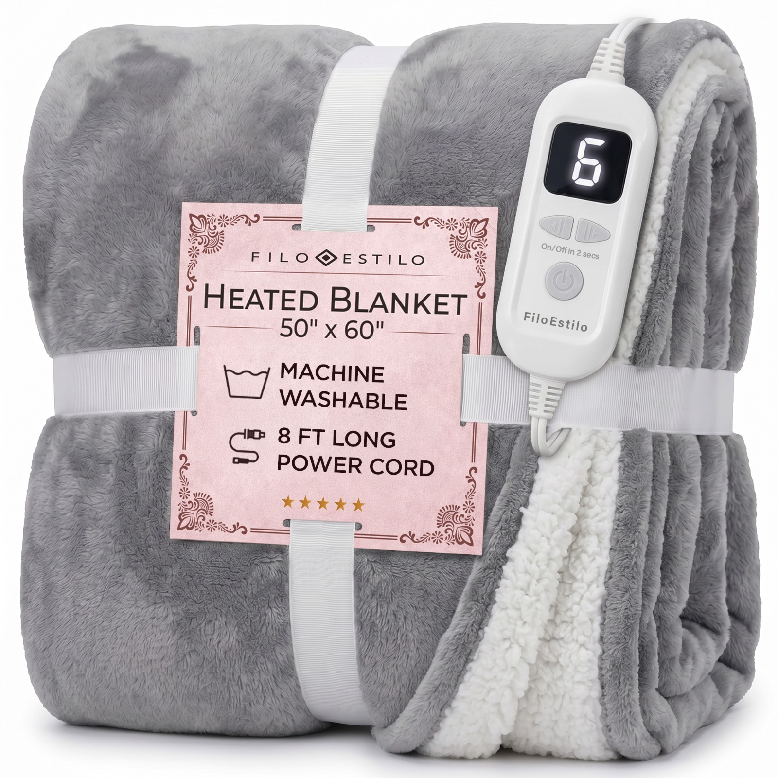 FiloEstilo heated throw blanket in soft grey with digital controller